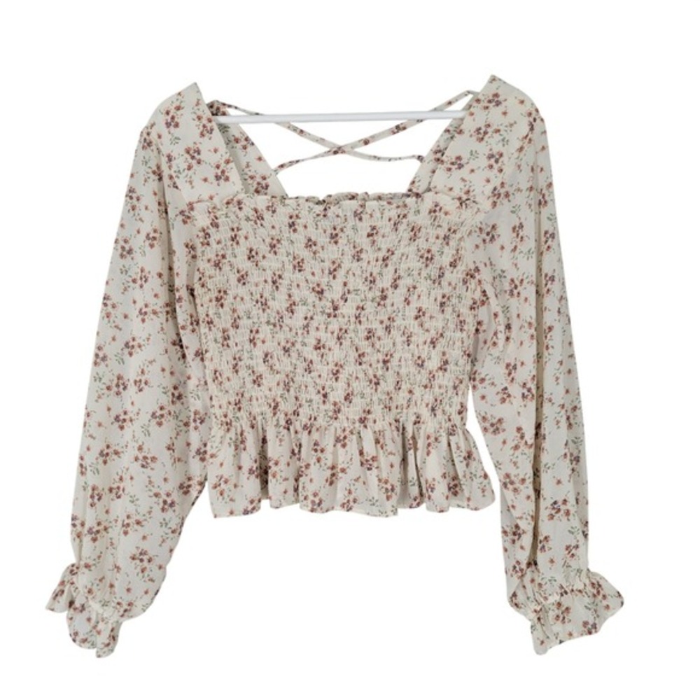 Paper Moon Floral Smocked Crop Top Medium Cream Long Sleeve Puff Sleeve Milkmaid